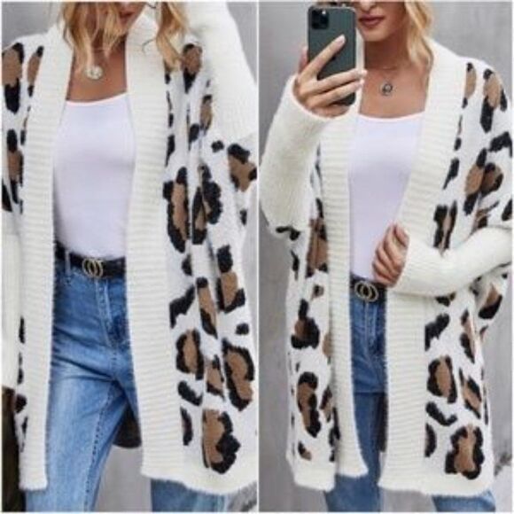 Cozy Off White Leopard Print Fuzzy Open Front Cardigan - Picture 2 of 4